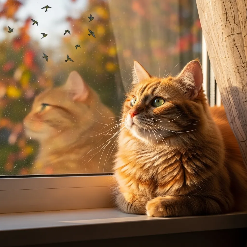 Cat mindfully watching birds from window, demonstrating presence in the moment.