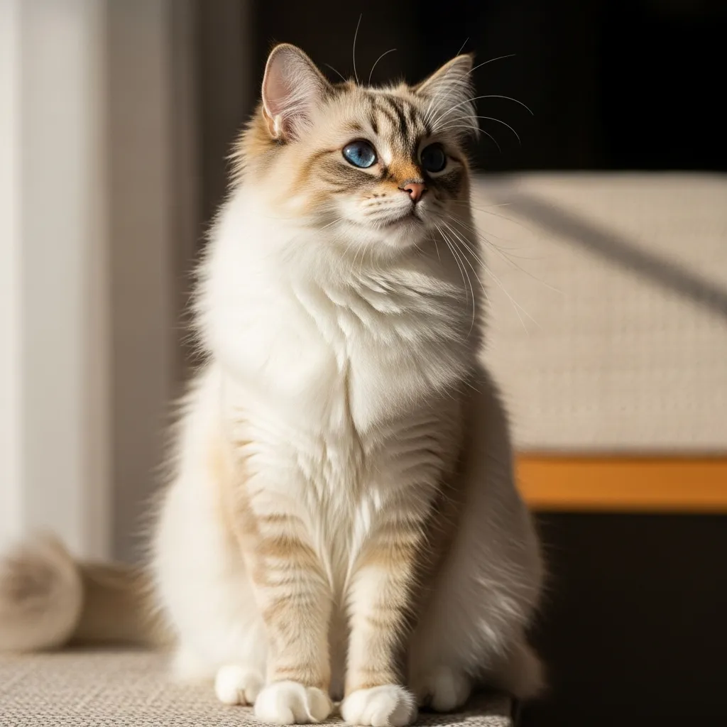 Tranquil Birman cat with blue eyes sitting peacefully, representing sacred calm.