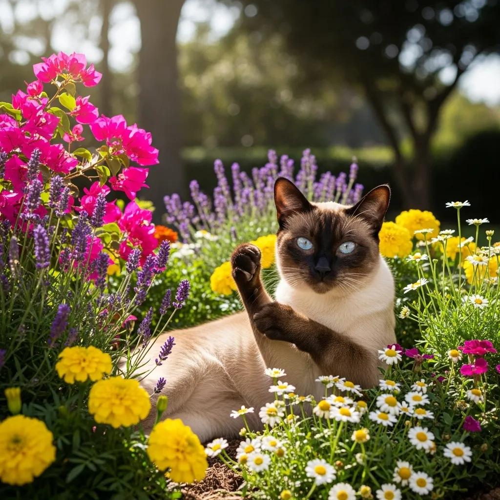  Elegant Siamese cat surrounded by blooming flowers, capturing natural grace.