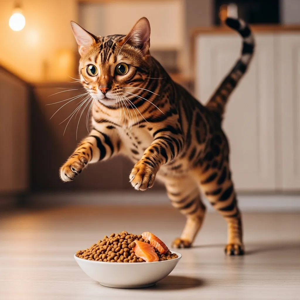 A spotted Bengal cat, highlighting breeds prone to strong food motivation