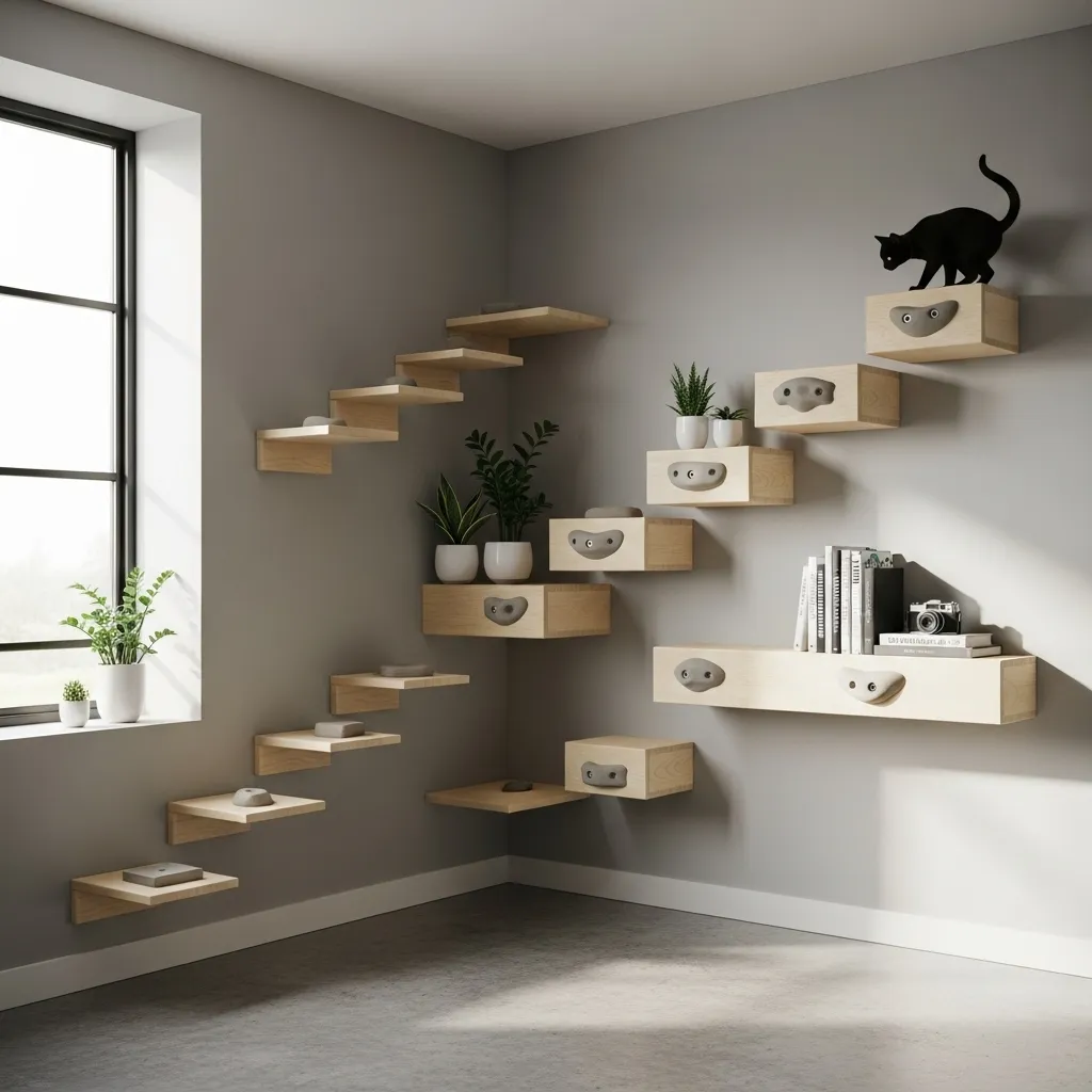 Aesthetic corner cat wall with staggered wooden shelves for climbing and perching.