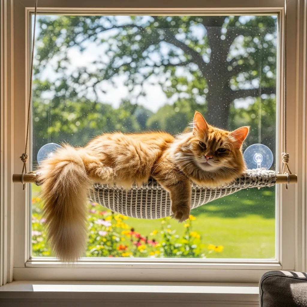Stylish cat window hammock perch in bright sunny spot with outdoor view.