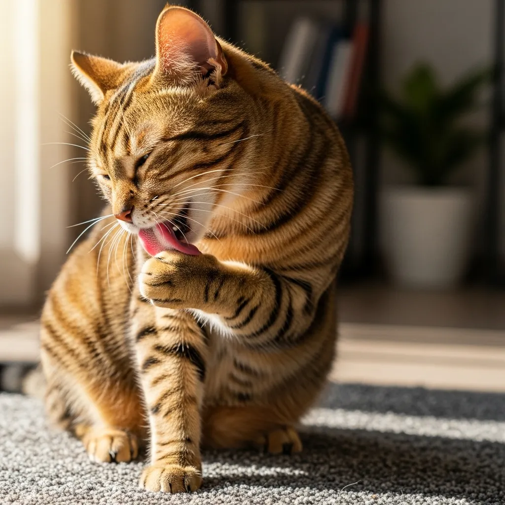 Cat grooming itself with focus, illustrating mindful self-care.