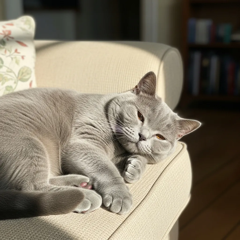 Calm British Shorthair cat relaxing in a cozy spot, showcasing serene simplicity.