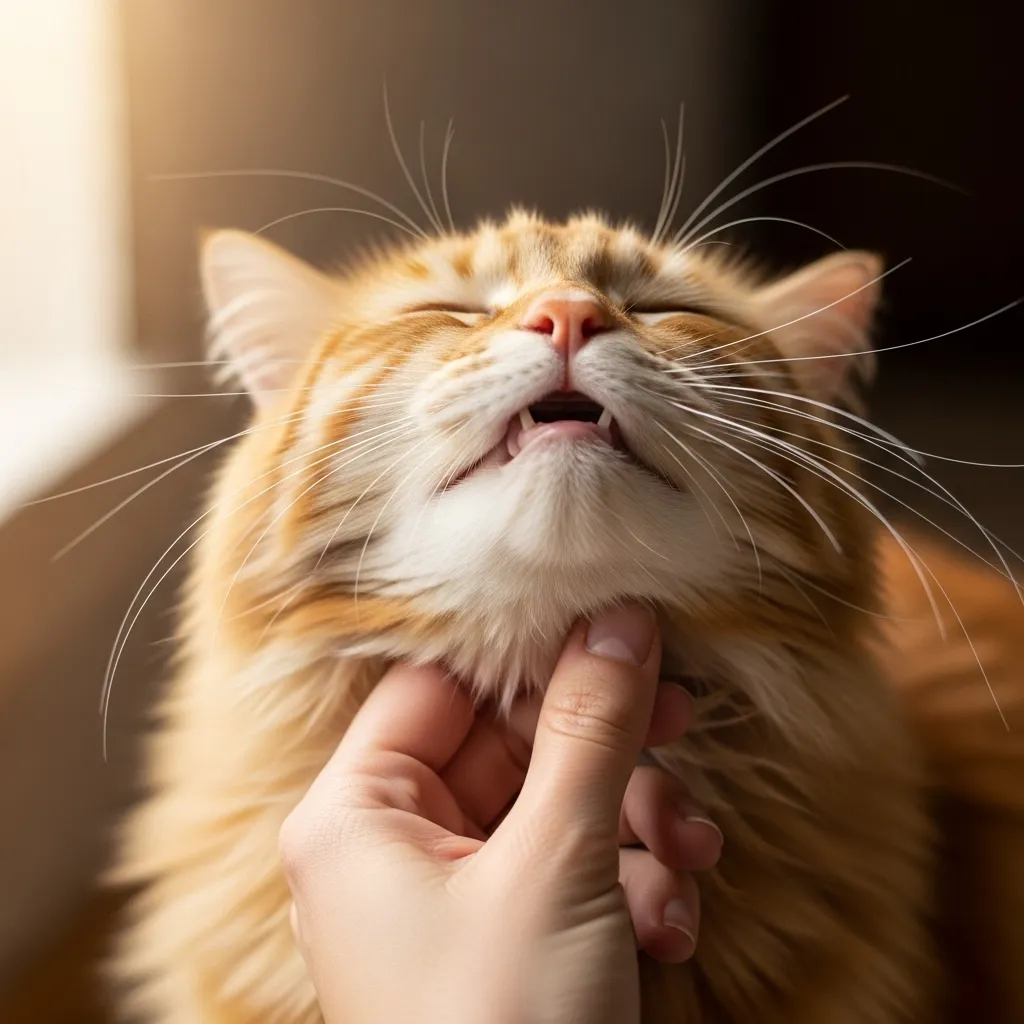 Person petting a relaxed cat on lap, illustrating stress reduction through daily cat interaction.