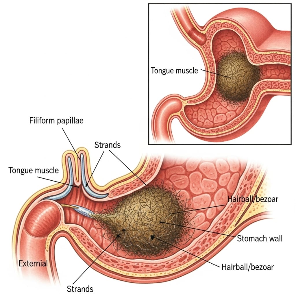 Cat tongue anatomy showing how backward-facing papillae trap hair during grooming, leading to hairball formation