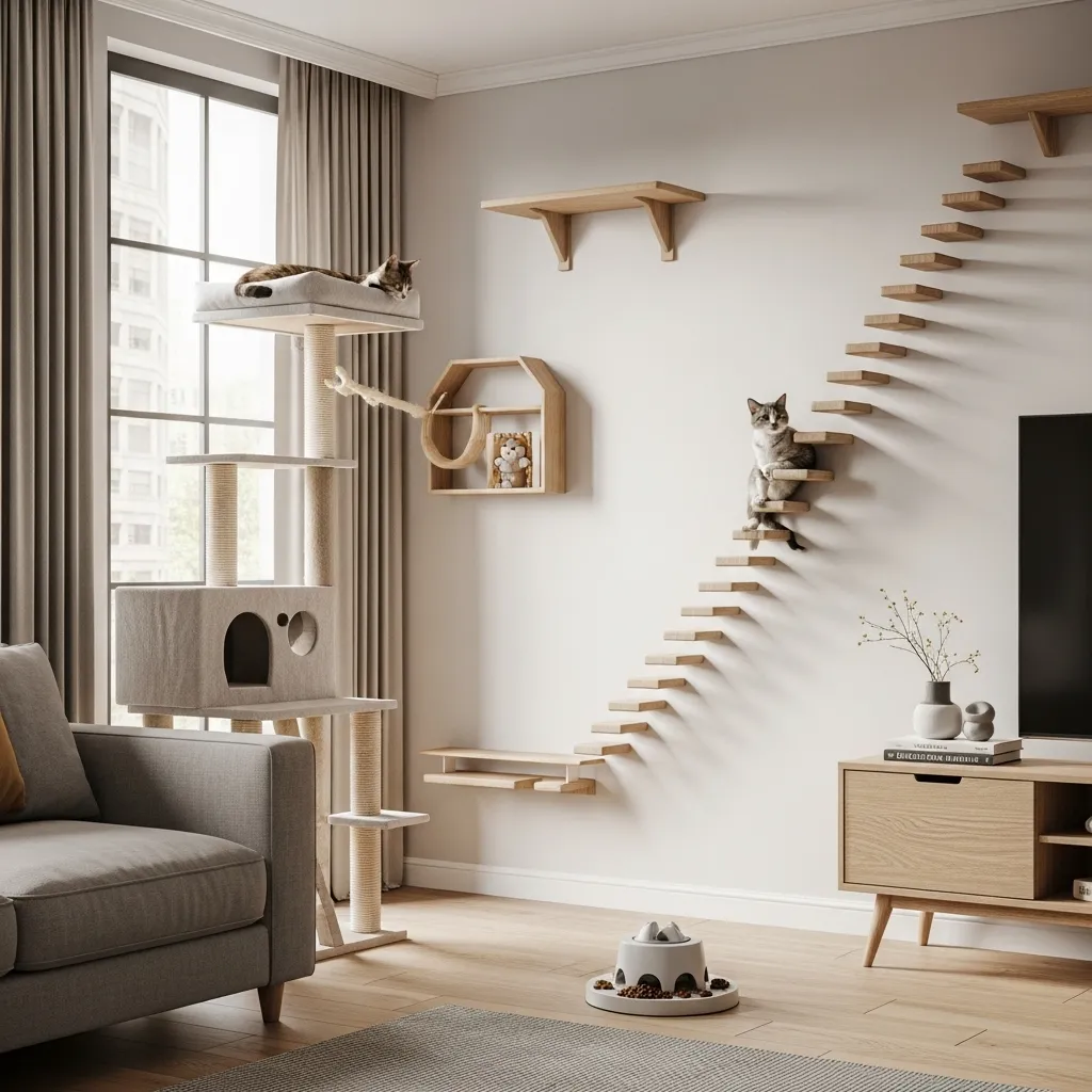 An ideal cat-friendly home environment featuring vertical space, puzzle feeders, and dedicated cat furniture.