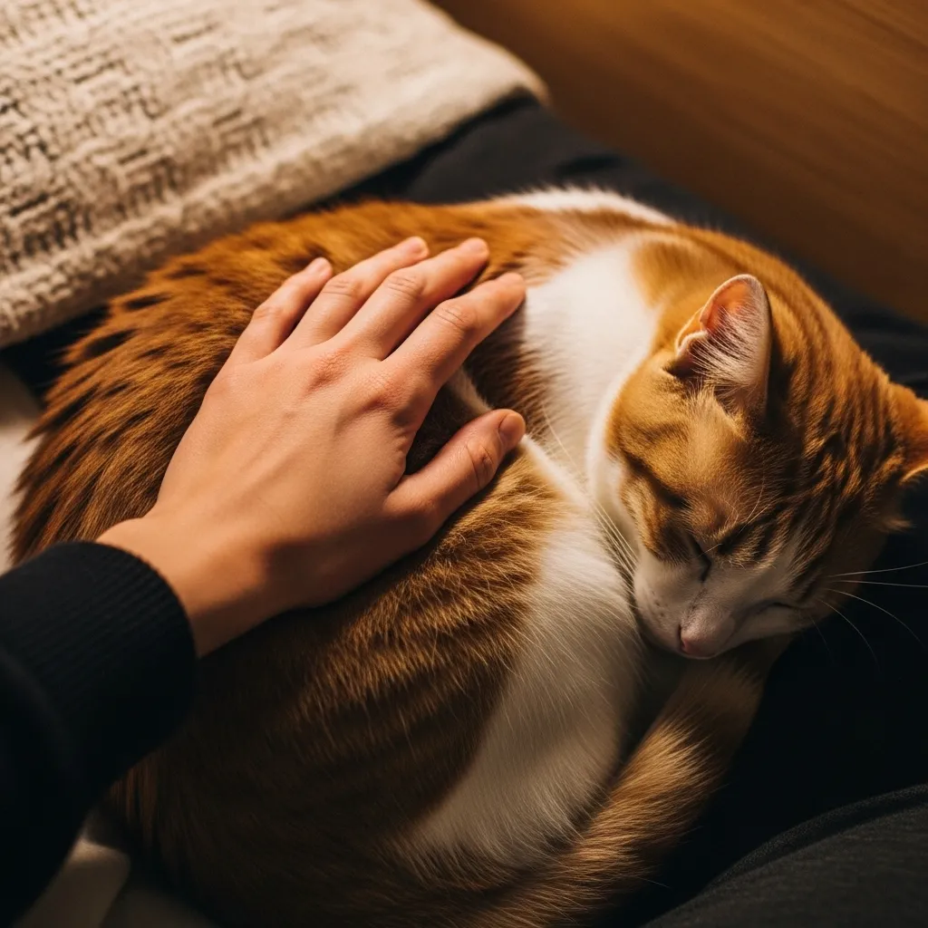  A human hand resting gently on a sleeping cat, representing the peaceful bond and mutual trust learned through living together.