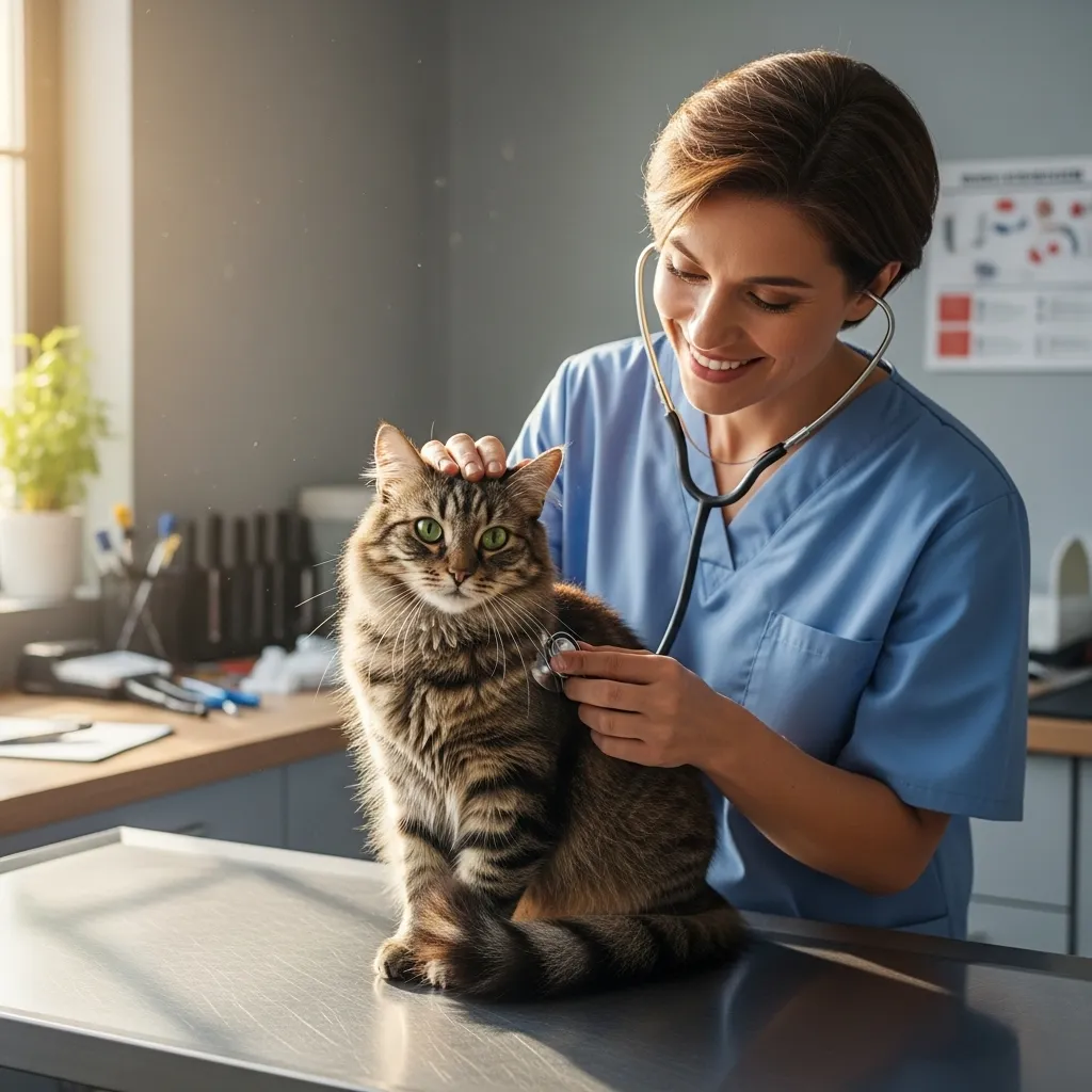 Calm cat during routine vet checkup with caring veterinarian.