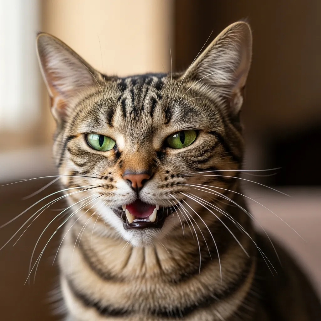 Sassy cat with defiant stare"; "Cat showing attitude with bared teeth"; "Spunky cat gazing intensely