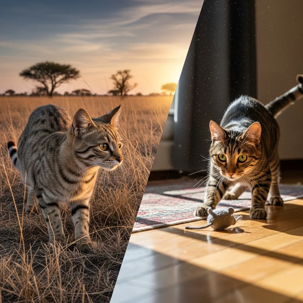 Comparison of hunting stances in African wildcats and domestic cats, illustrating shared instinctual behaviors.
