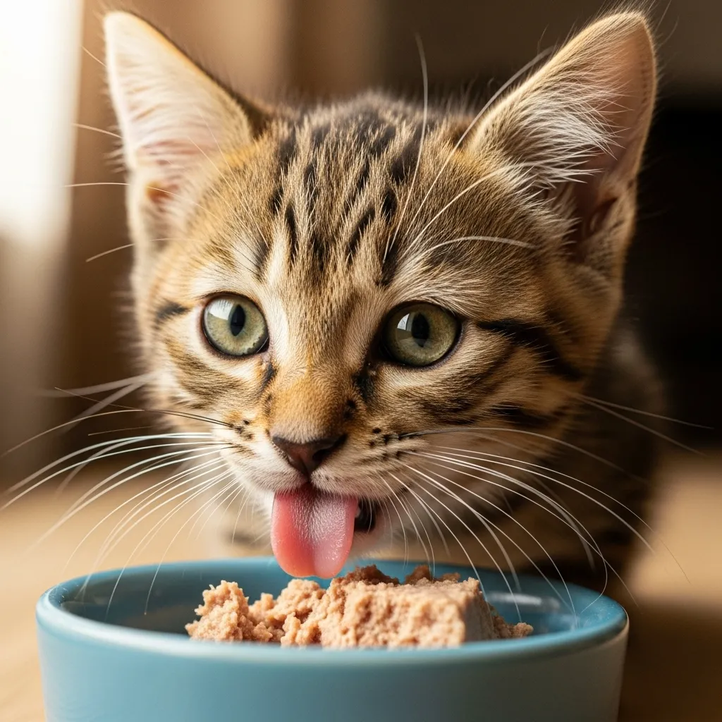The Complete Guide to a Cat's Nutritional Needs at Every Life Stage 2 Kitten during weaning phase eating mushy specialized kitten food.