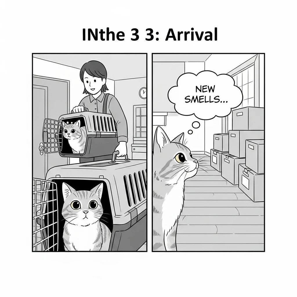 Step-by-step guide illustration for moving to a new home with a cat.