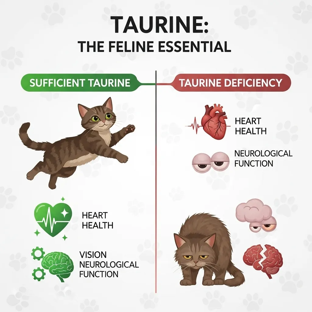  Infographic explaining why taurine is essential for cat health, showing benefits for heart, eyes, and brain.