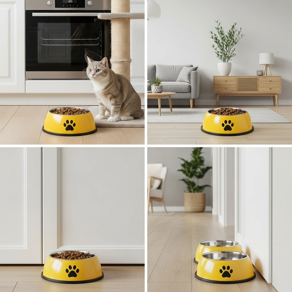 Infographic showing optimal placement of litter boxes, food stations, and vertical spaces in multi-cat homes