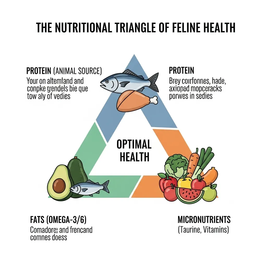 Infographic explaining the three key nutritional pillars for cat health: protein, fats, and essential micronutrients