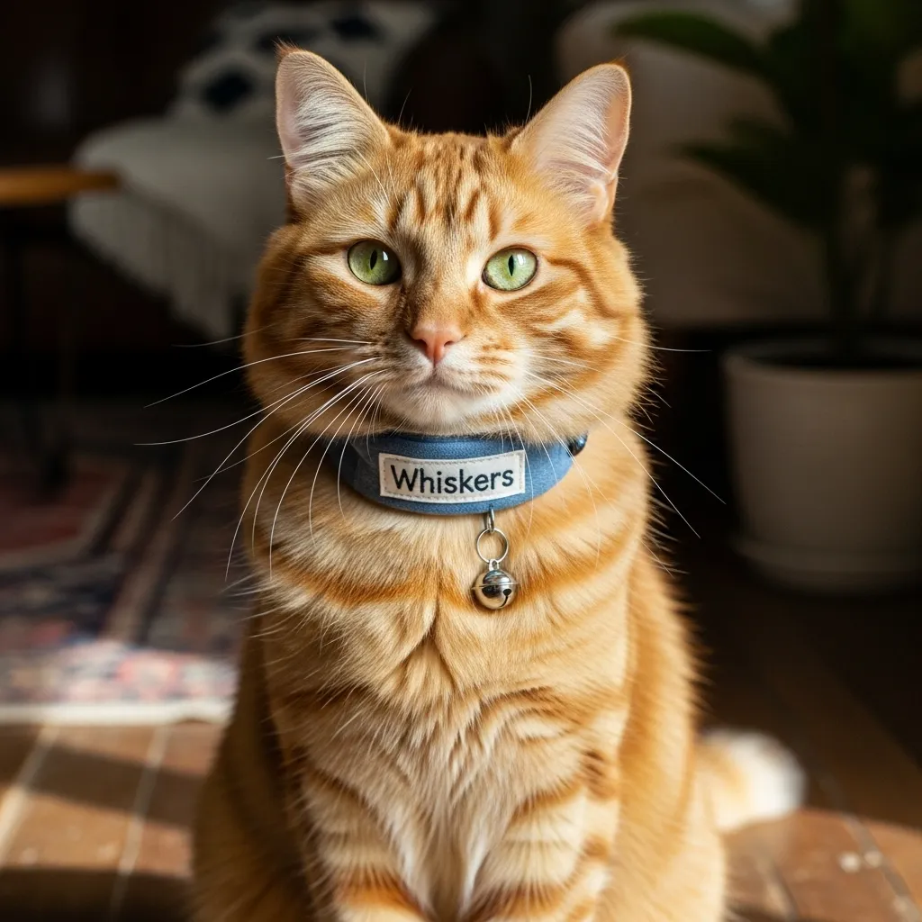 Ginger cat with stylish name tag, showcasing rare cat name concepts