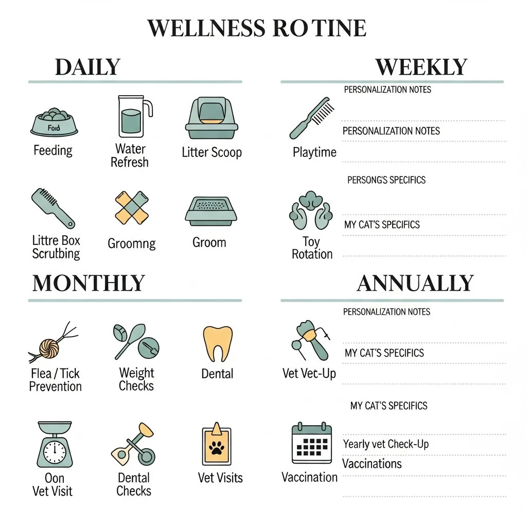Comprehensive cat wellness routine flowchart showing modern approach to structured yet flexible feline care schedule