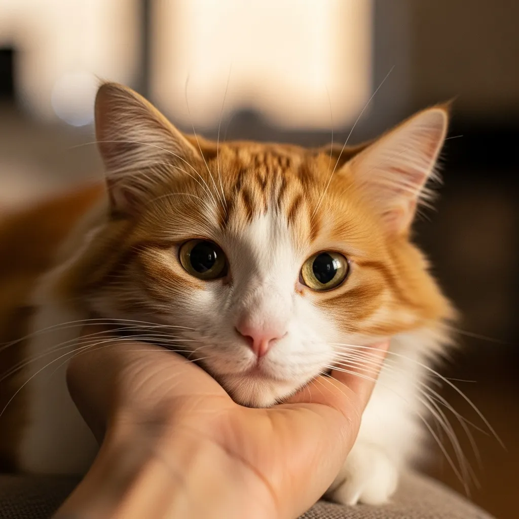  Cat sensing human health changes by closely resting against person's hand.