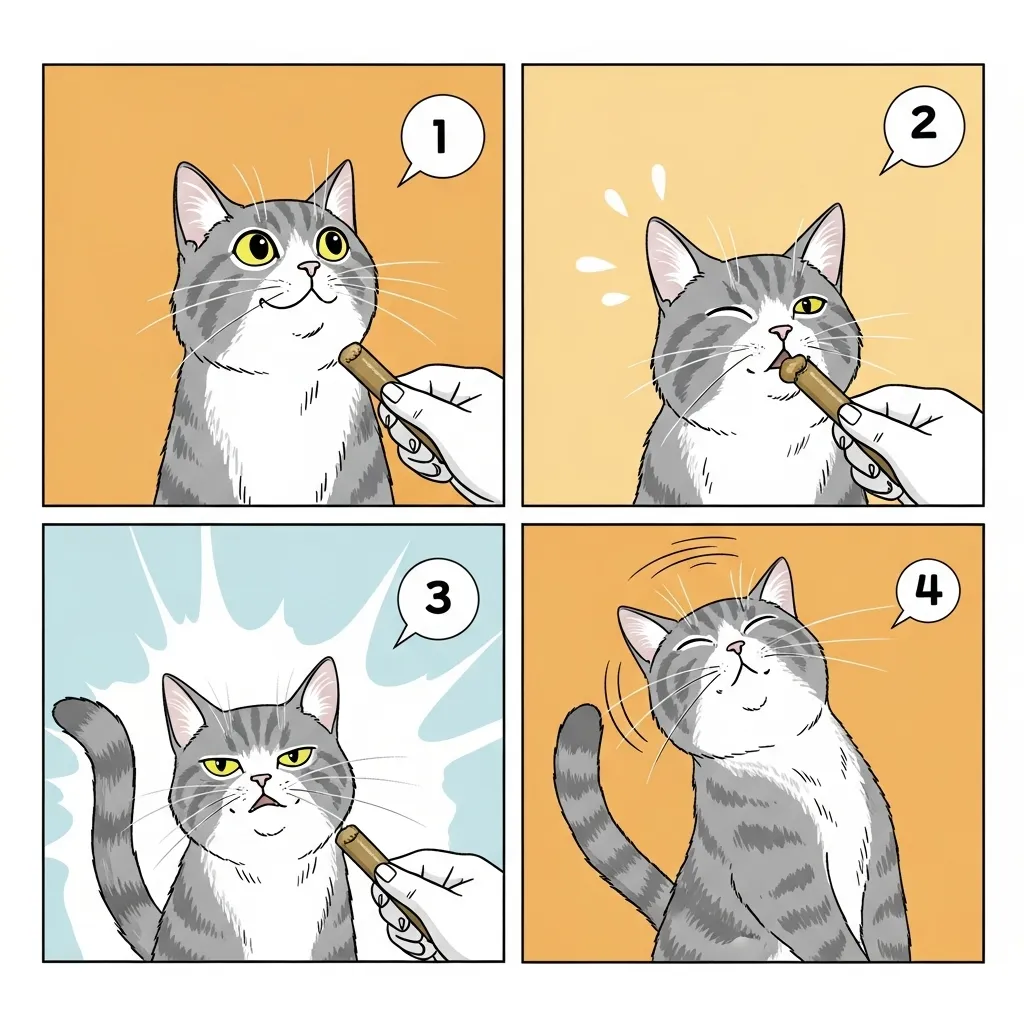 The four-panel dramatic sequence of a cat refusing a treat for seemingly no reason."