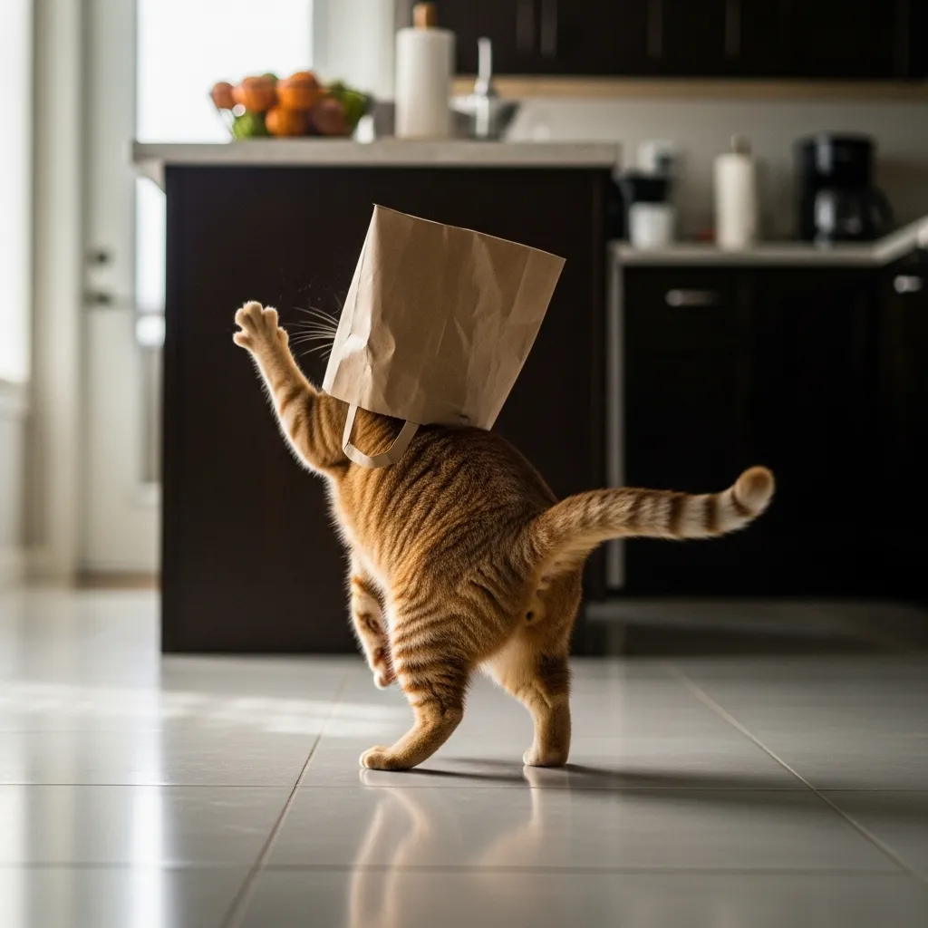 Funny cat moment with head stuck in paper bag walking backwards comically