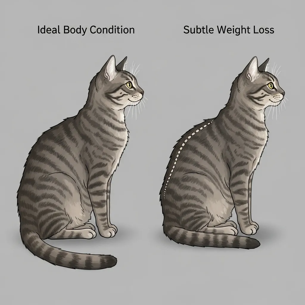 Visual comparison of ideal feline body condition versus subtle weight loss.