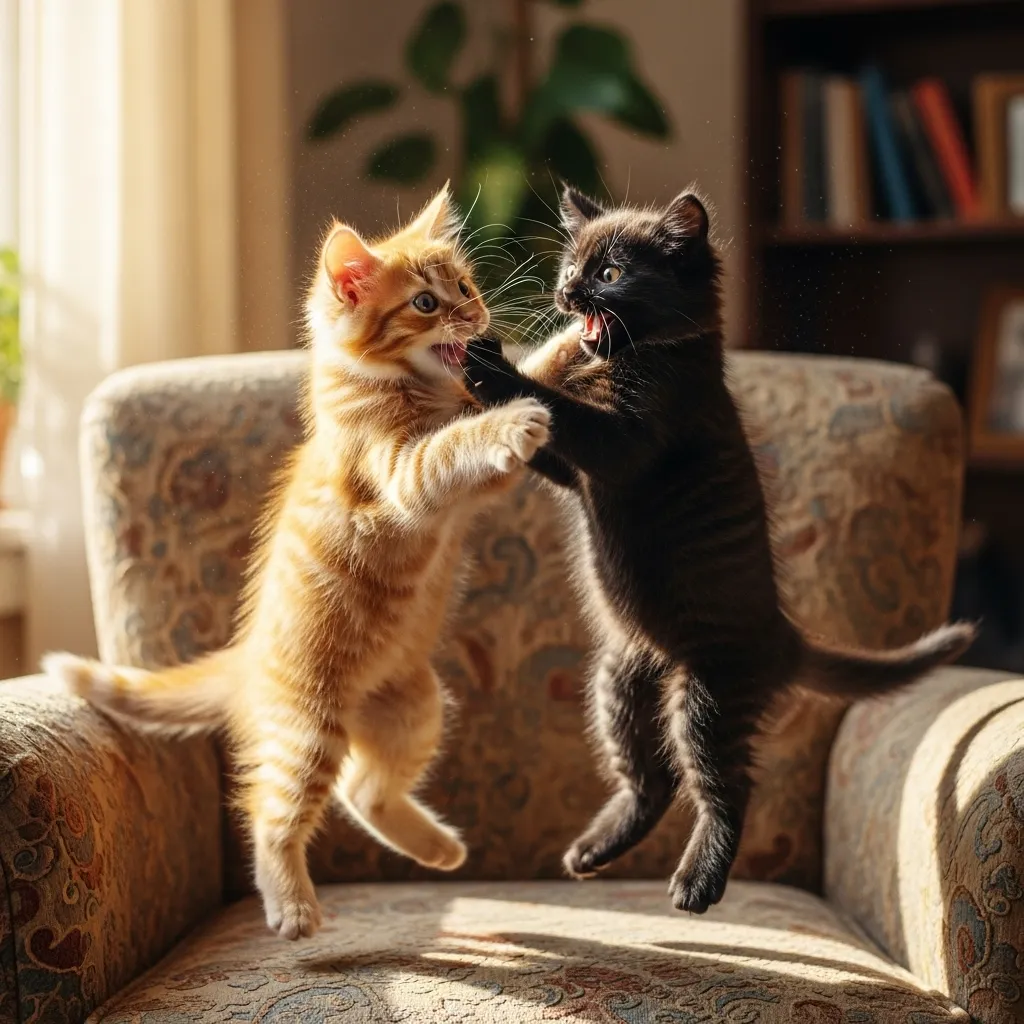 Two cats caught in funny moment colliding mid-jump for same spot