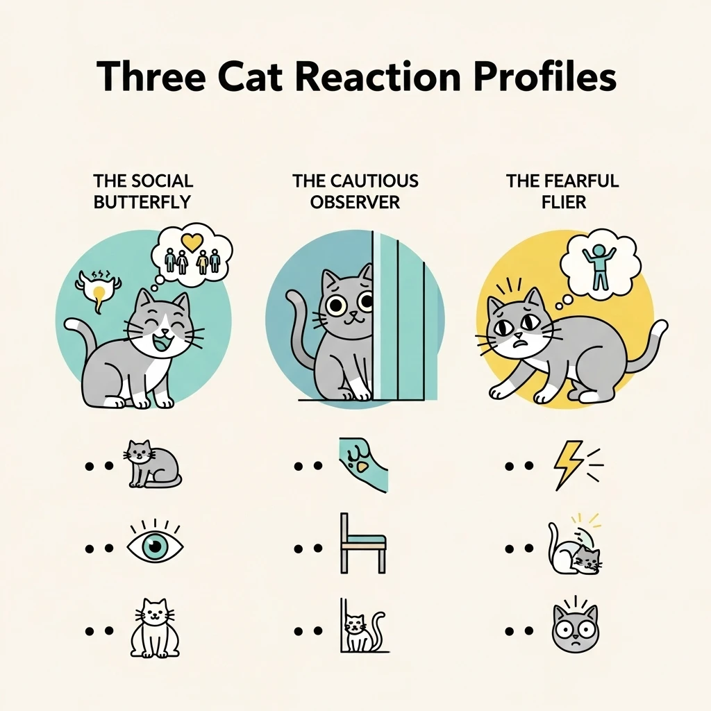 Infographic comparing Confident Explorer, Cautious Observer, and Stressed Avoider cat personalities.