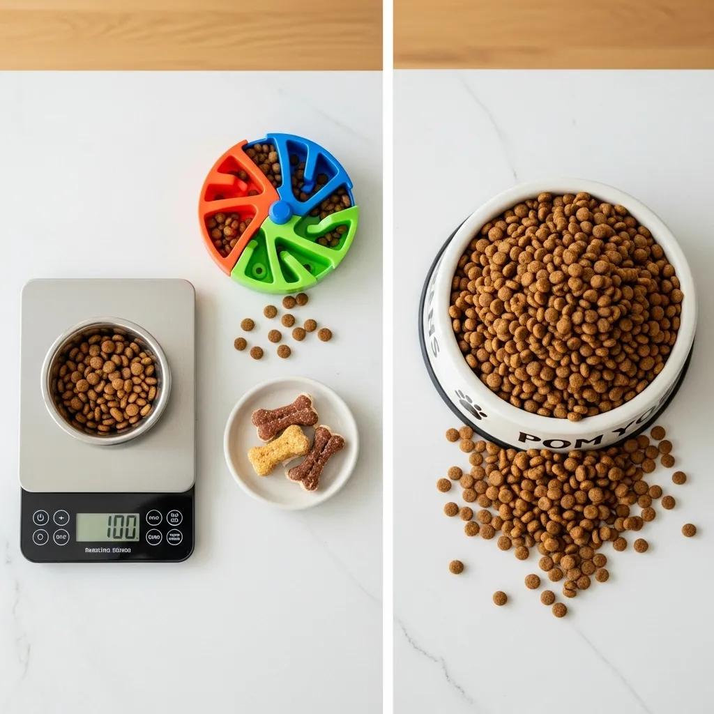 Tools for accurate feline portion control: a scale, puzzle feeder, and controlled treats.