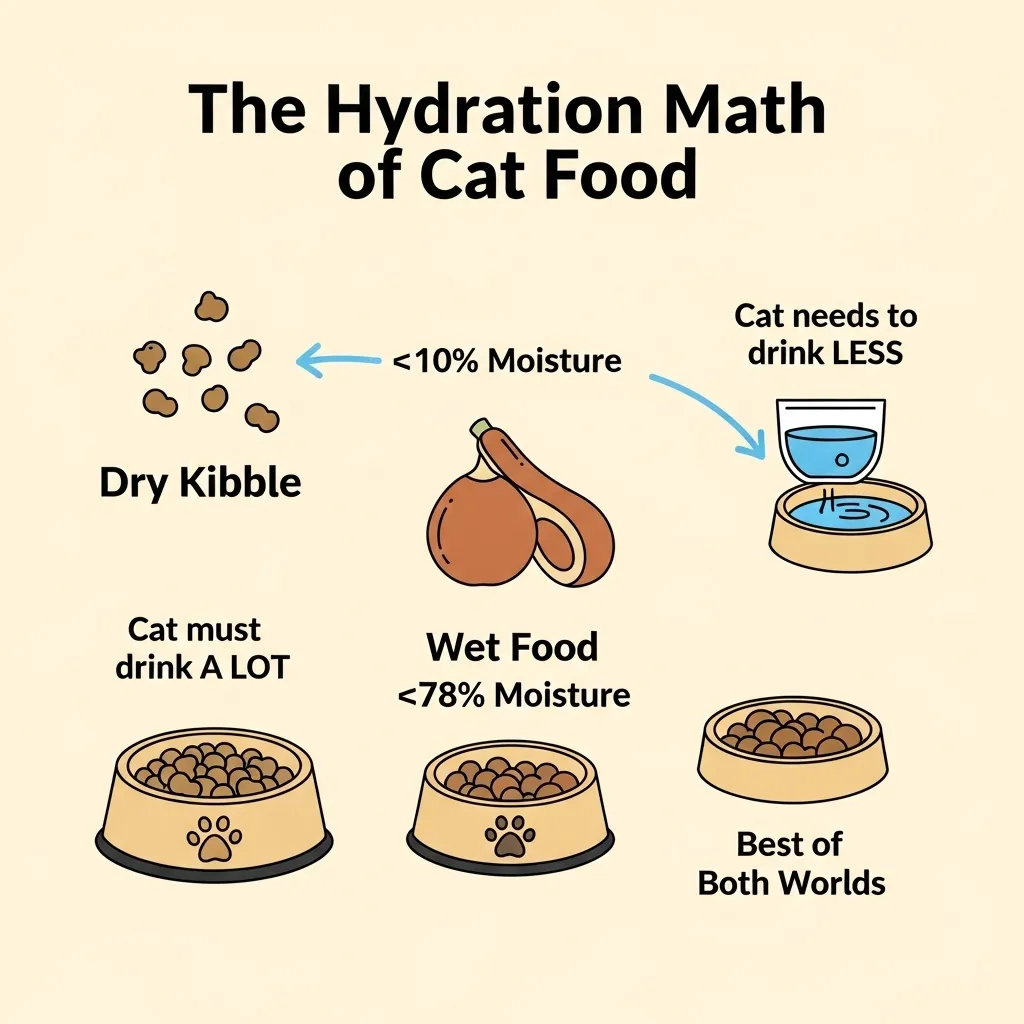  Infographic comparing the moisture content of dry vs. wet cat food and its impact on required water drinking.