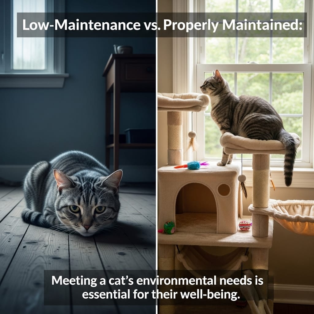Comparison infographic showing the difference between a barren and an enriched environment for a cat's mental health.