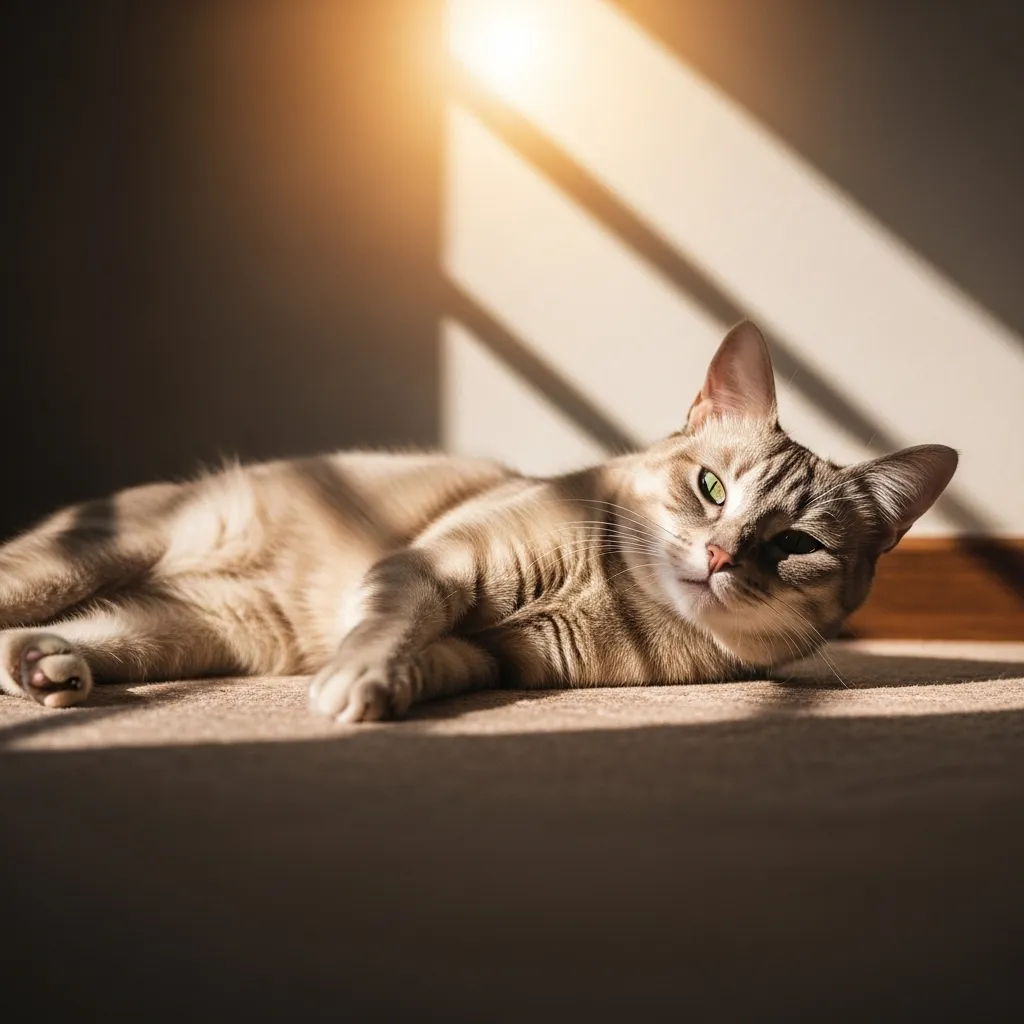 Serene cat lounging peacefully in a sunbeam, embodying calm"