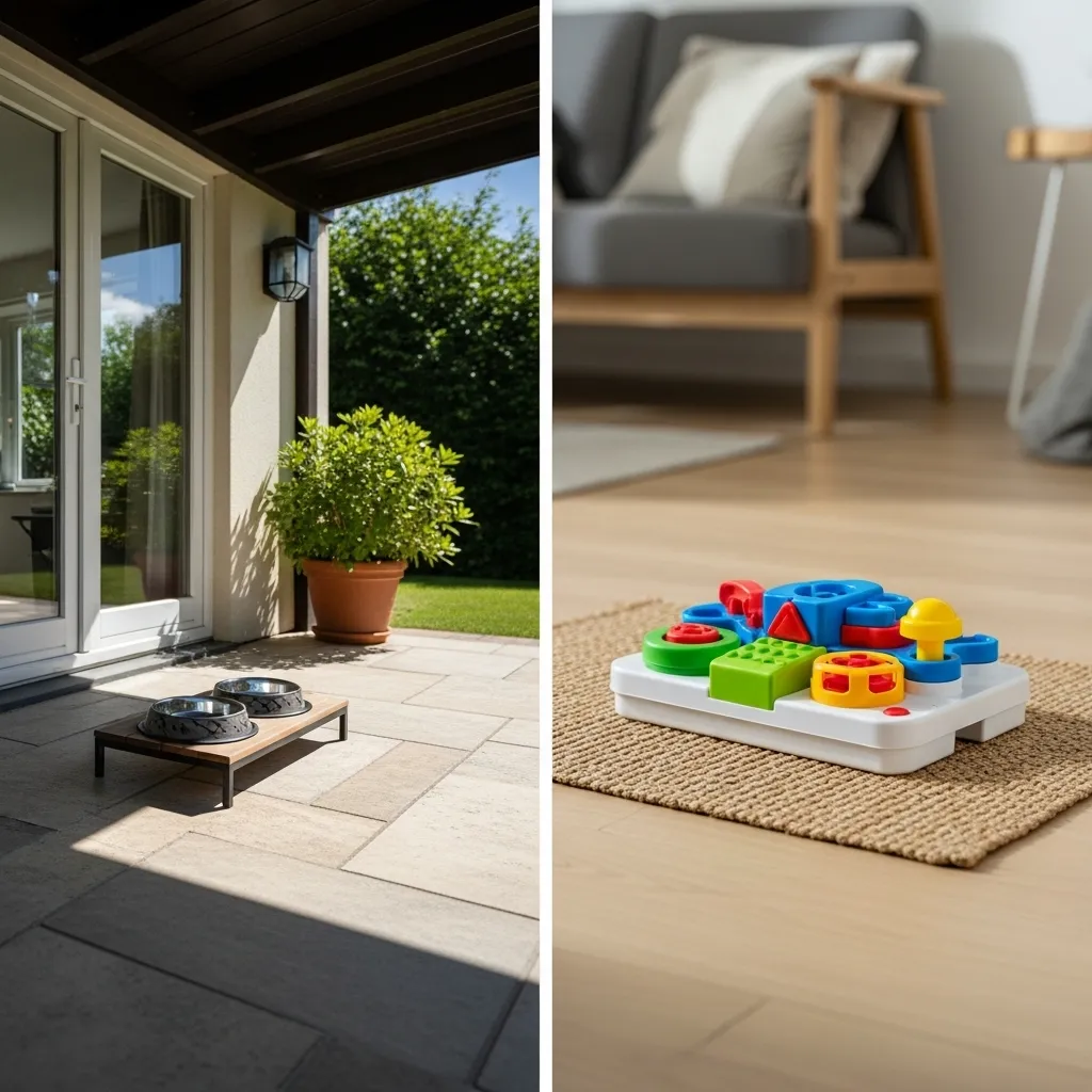 Comparison of ideal outdoor versus indoor cat feeding station setups showing protection and enrichment considerations.