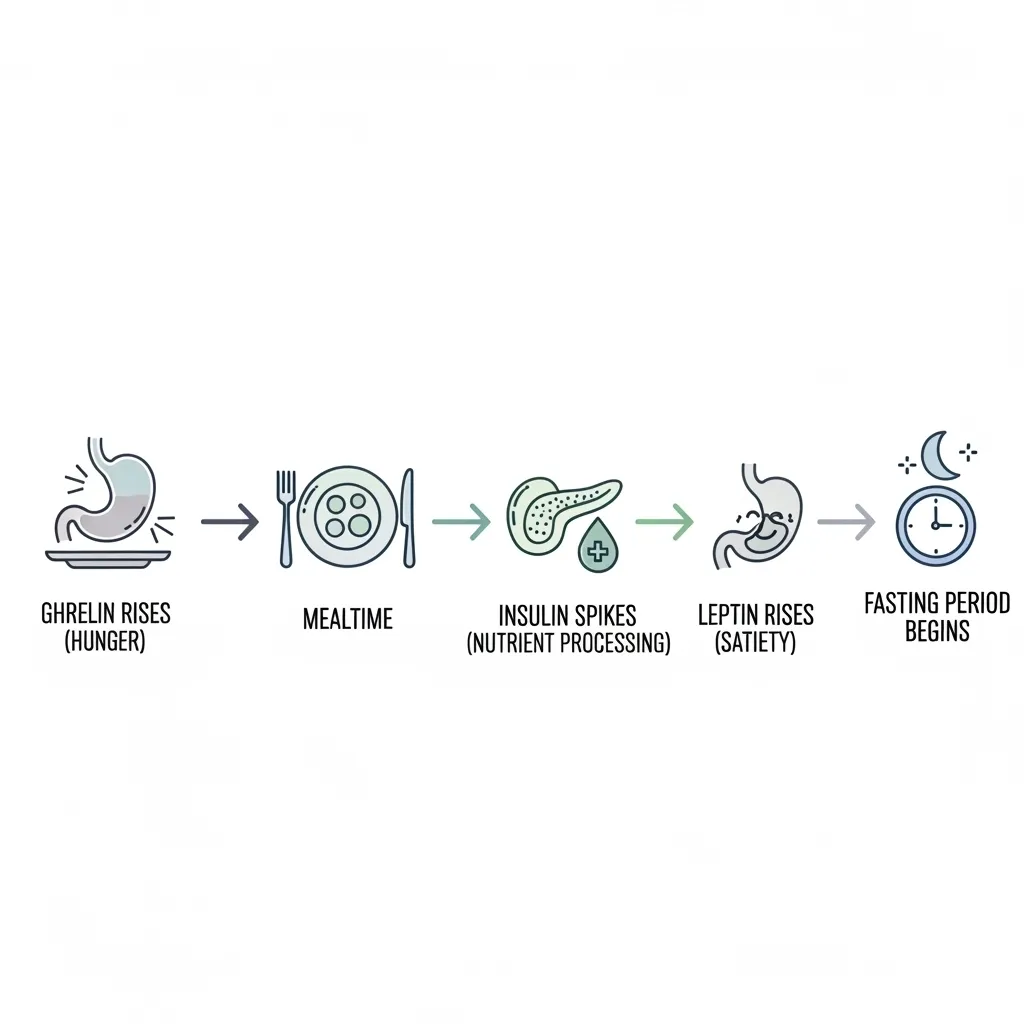  Diagram showing the cycle of cat hunger hormones ghrelin, insulin, and leptin in relation to meal timing.