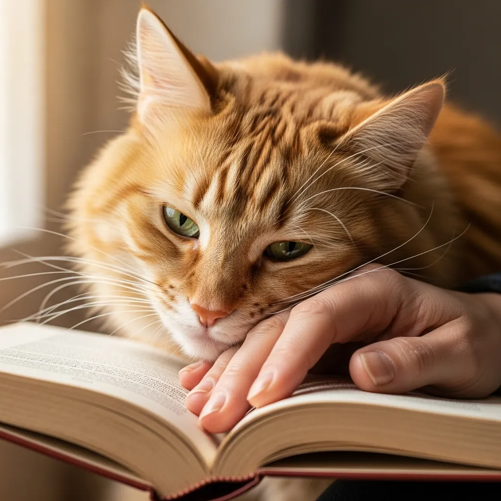 Cat interrupting reading with a loving headbutt, demonstrating bonding behavior.