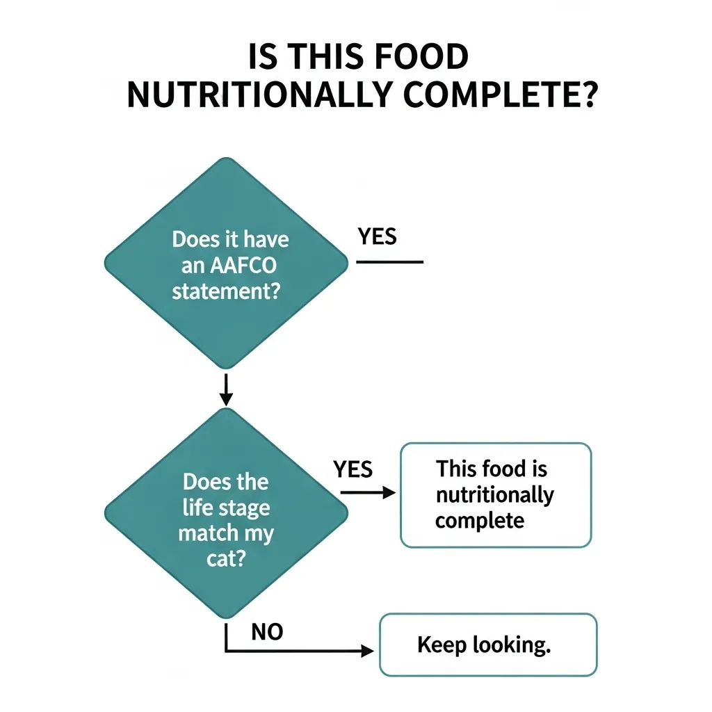 Flowchart to determine if a cat food is nutritionally complete using the AAFCO statement.