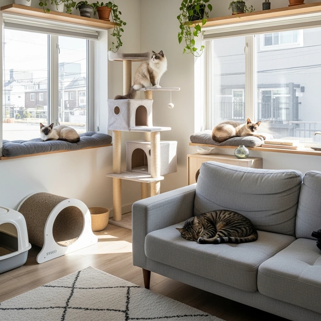 A serene multi-cat home setup with designated spaces for each cat in a bright, contemporary living room.