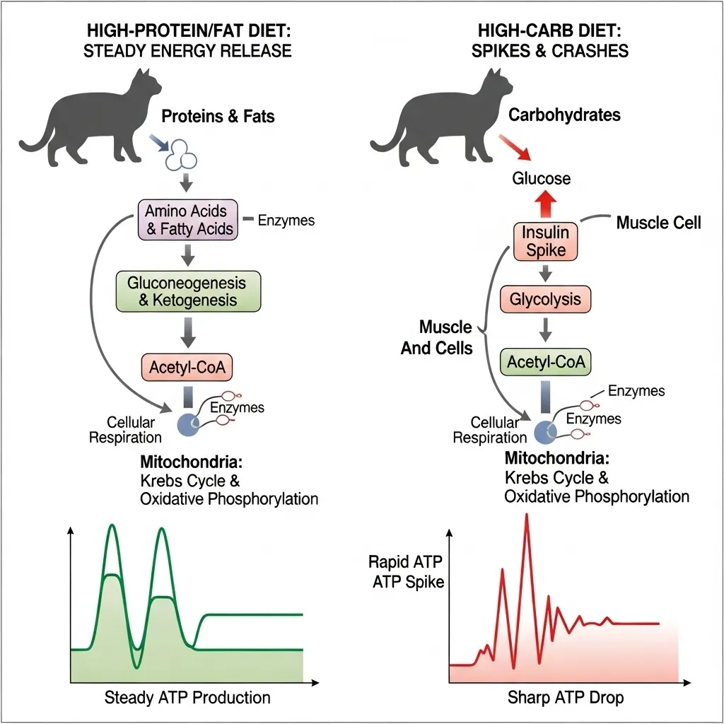 Diagram comparing how high-protein and high-carbohydrate diets affect a cat's energy levels throughout the day.