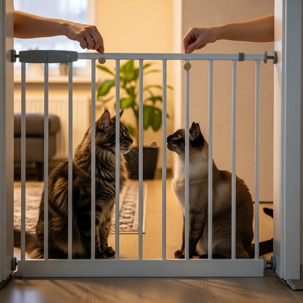 Proper cat introduction using a baby gate and positive reinforcement with treats.