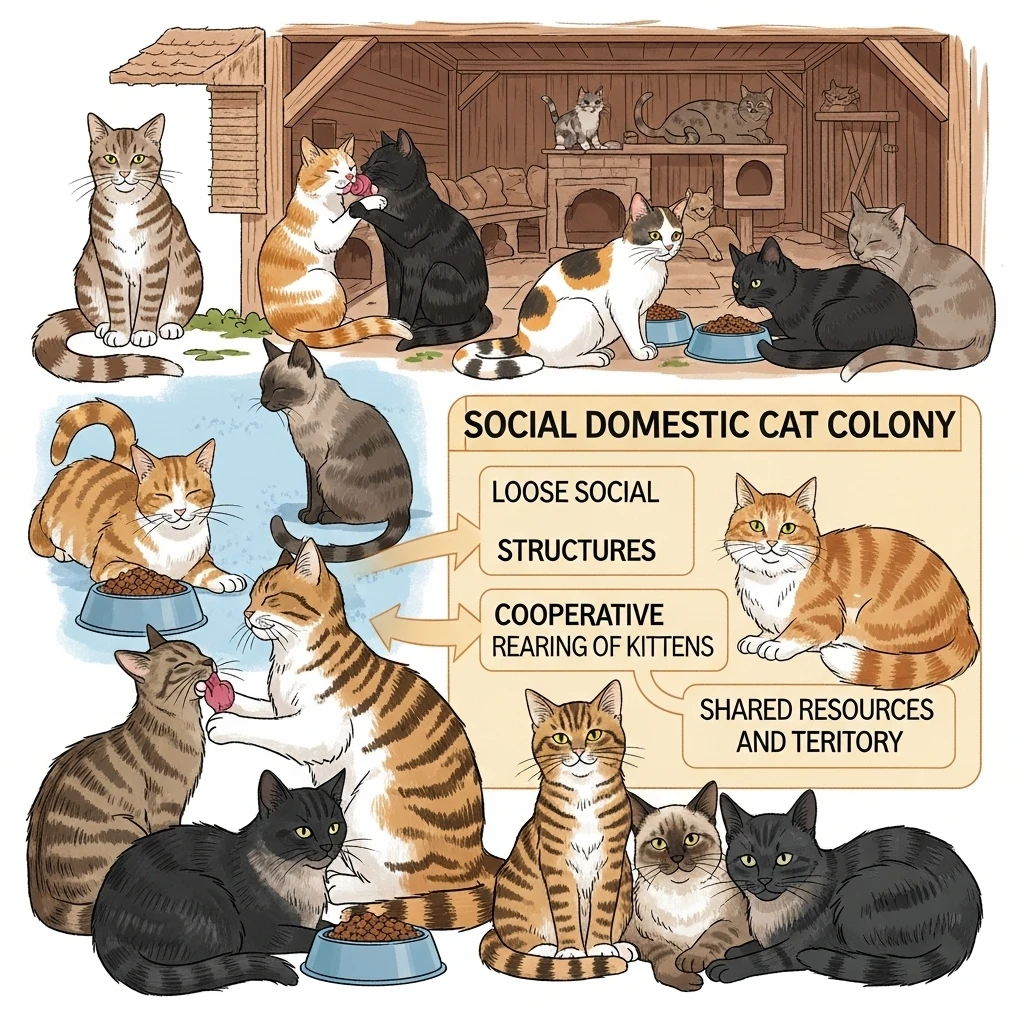 Evolution of cat social behavior from solitary wild ancestors to modern domestic cats capable of forming bonds with other pets.