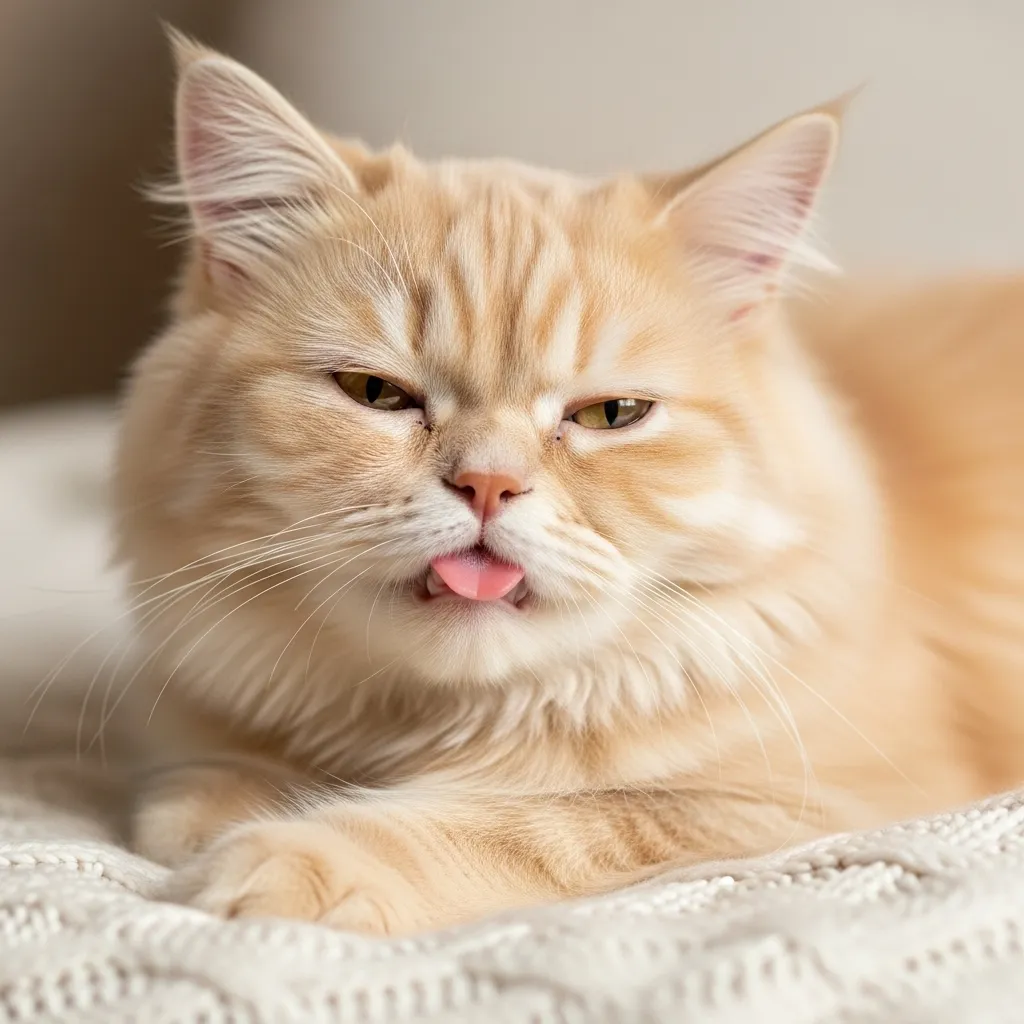 A Persian cat caught in a sleepy blep and flop, a perfect moment of unintentional cat comedy.