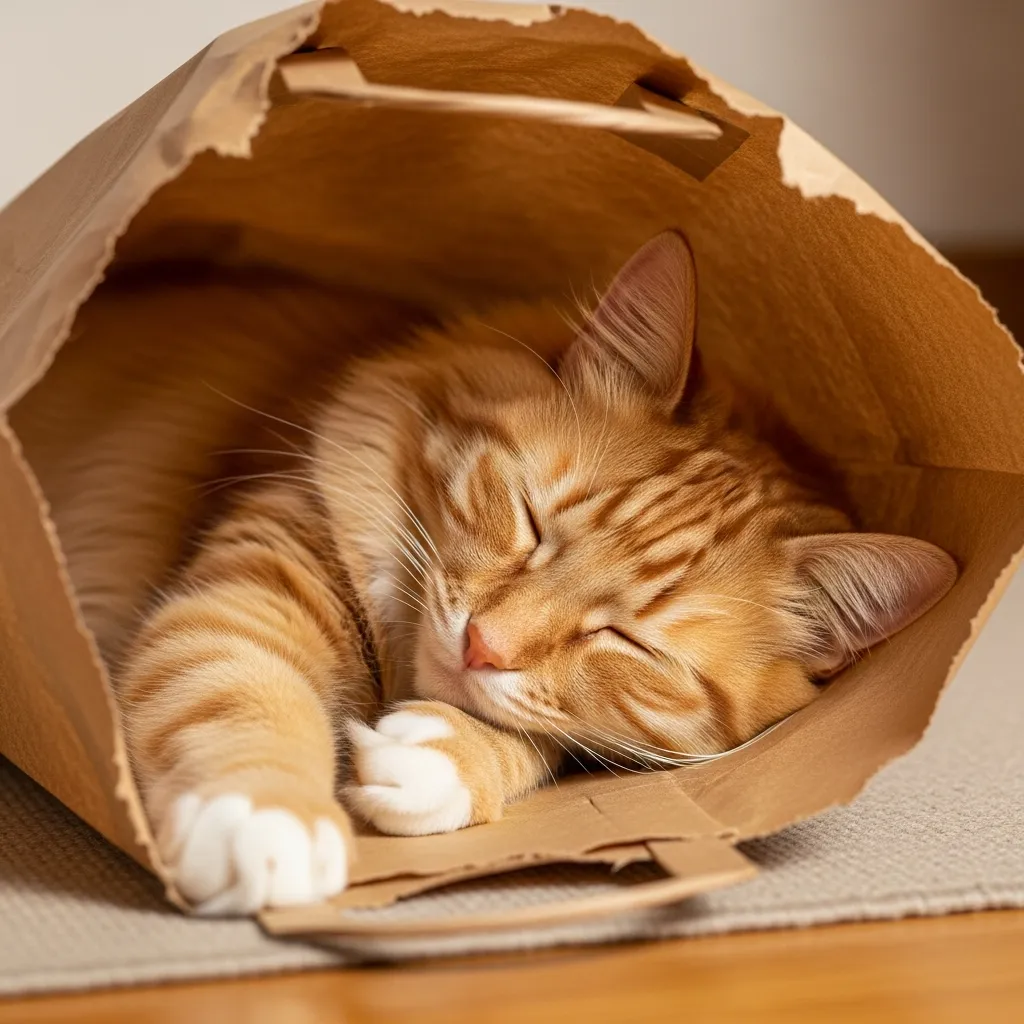 Relaxed cat enjoying a paper bag hideout.]