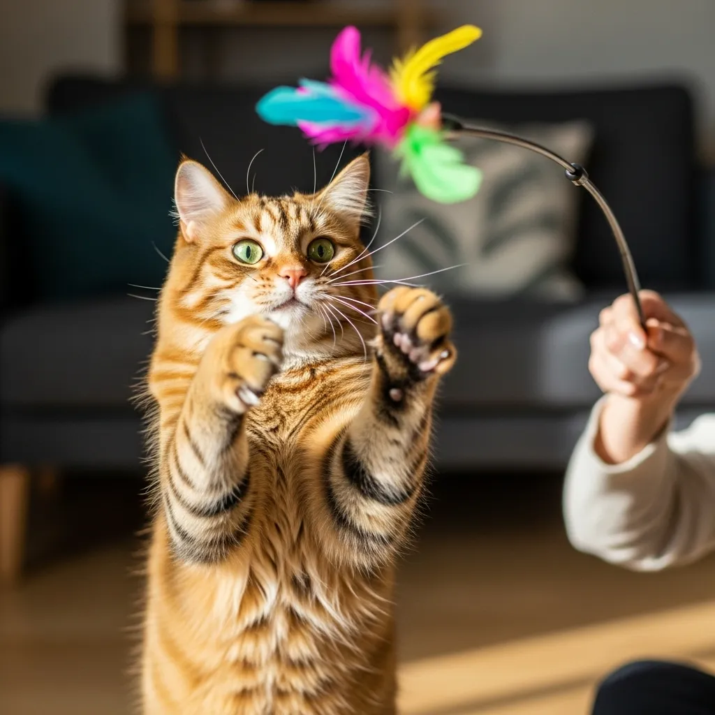 Cat thrilled by realistic feather wand action