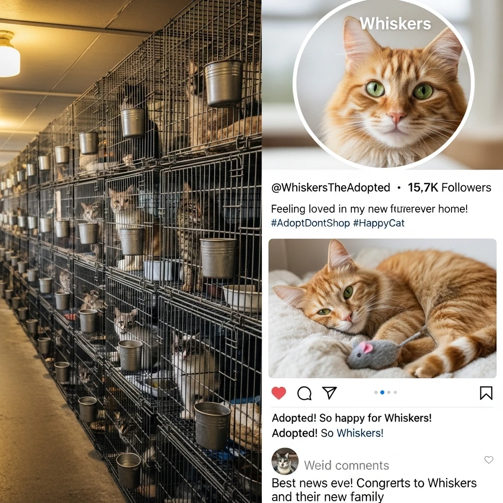 Comparison showing how social media has modernized and personalized cat adoption processes.