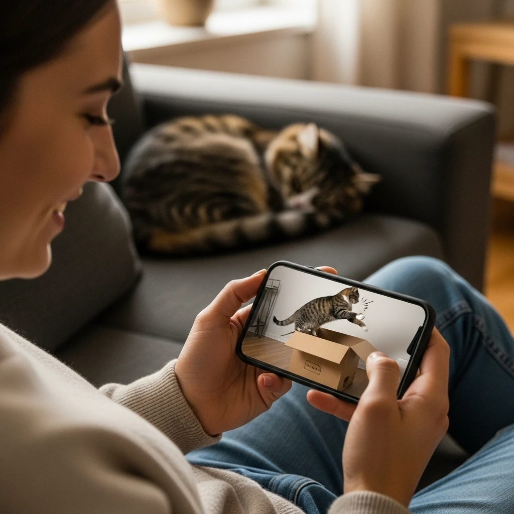 A person enjoys cat content on their phone while their real-life cat sleeps nearby, illustrating the blend of digital and real-world cat culture.