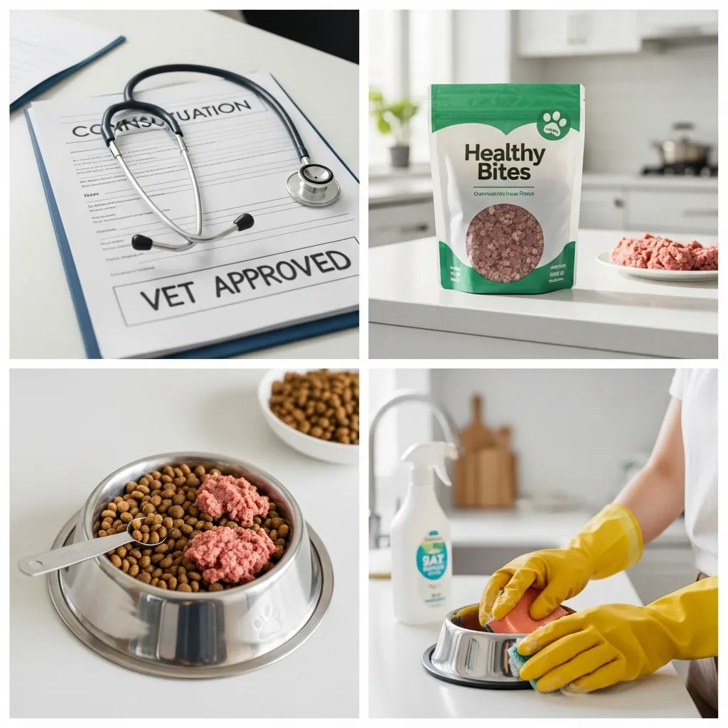 Collage illustrating the key steps for safely transitioning a cat to a raw diet