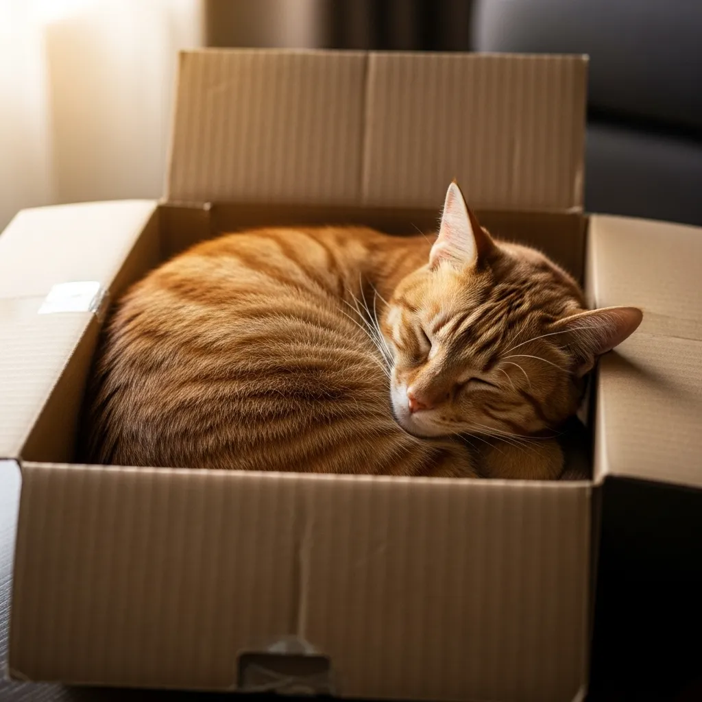 Cats vs Cardboard Boxes 2 Cat napping comfortably inside a cardboard box, showing how boxes provide warmth and security.