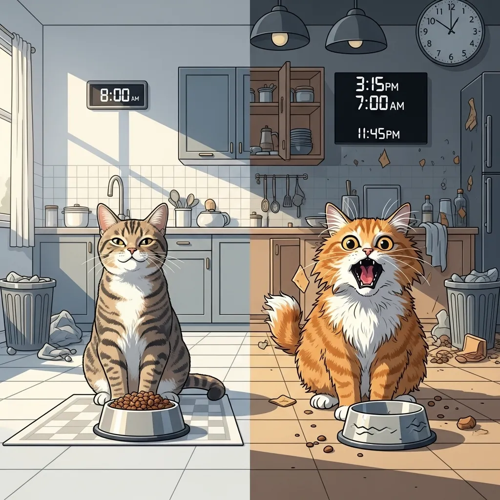 Contrasting infographic showing the benefits of a consistent cat feeding schedule versus the stress of an inconsistent one.