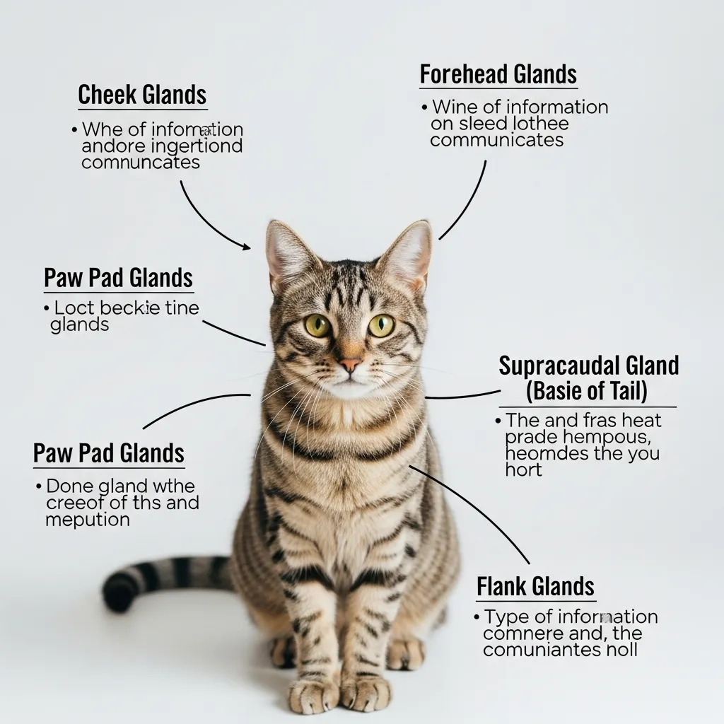 Diagram of cat scent gland locations showing where cats deposit pheromones for communication
