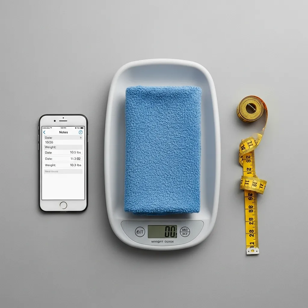 Essential tools for monitoring cat weight at home: scale, tape measure, and log.